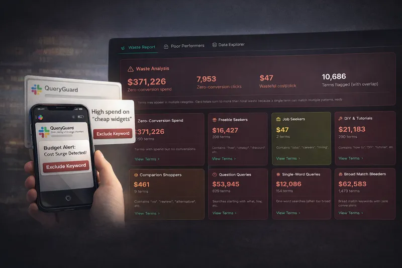 QueryGuard dashboard showing waste analysis with mobile alert notification